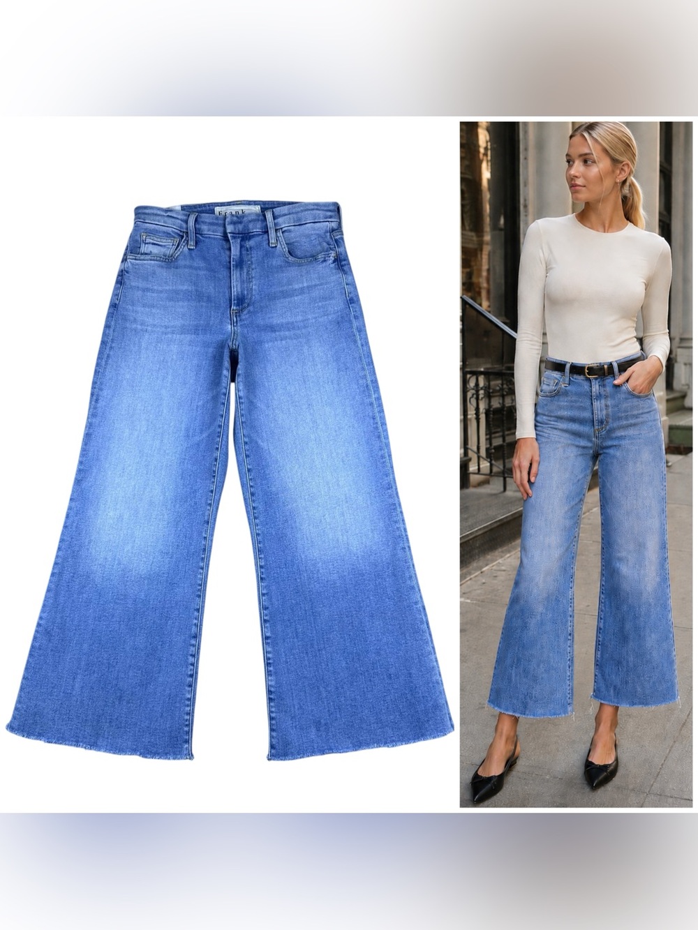 Frank & Eileen Galway Wide Leg Jeans 27 High Rise Raw Hem Cropped Stretch Denim